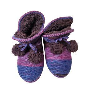 Muk Luks Handcrafted Wool Slippers With Faux Fur Lining & Pom Poms - Purple & Pi